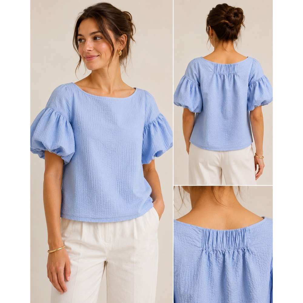 Light Blue Seersucker Puff Sleeve Blouse Square Neck Smocked Back Top